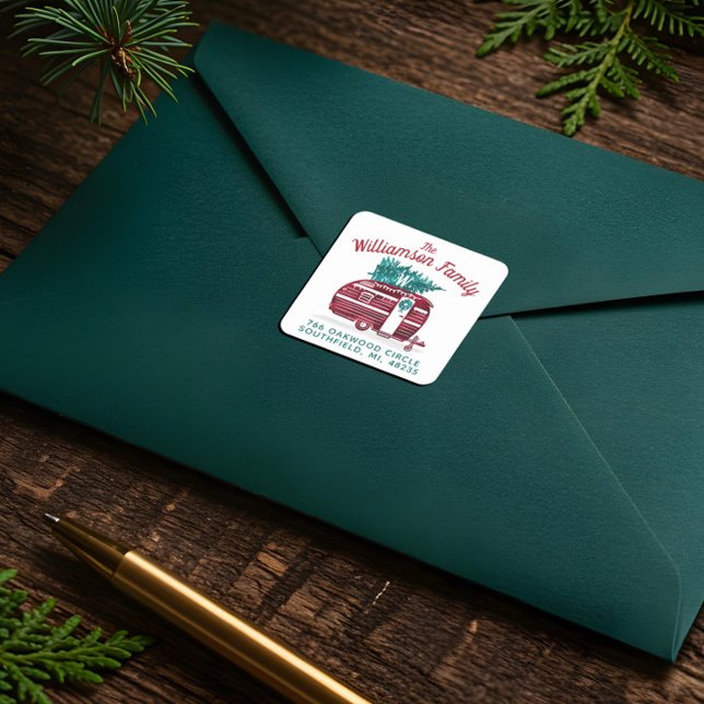 Vintage Camper Christmas Tree Monogram Address Square Sticker (Vintage Camper Christmas Tree Monogram Address Square Sticker)