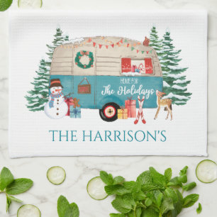 Vintage Camper Home for the Holidays Kitchen Towel
