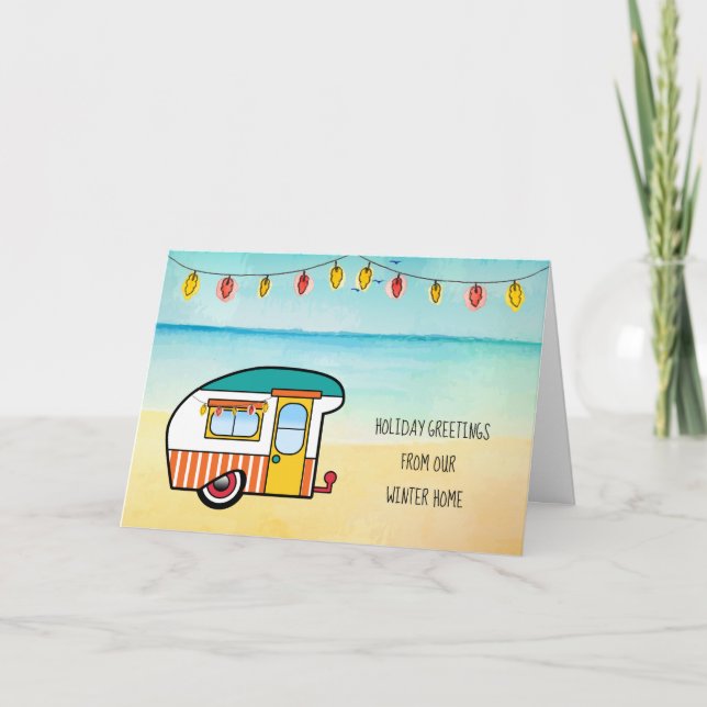 Vintage Camper on Beach Winter Address Christmas Card (Front)
