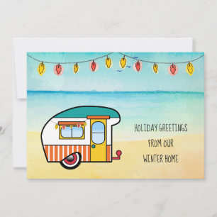 Vintage Camper on Beach Winter Home New Address Announcement