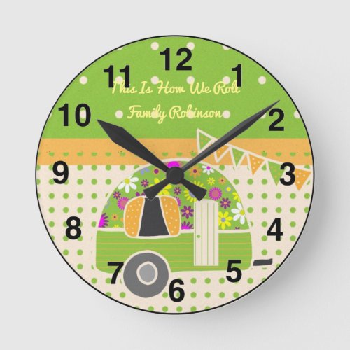 Vintage Camper Orange Green Polkadots Personalized Round Clock