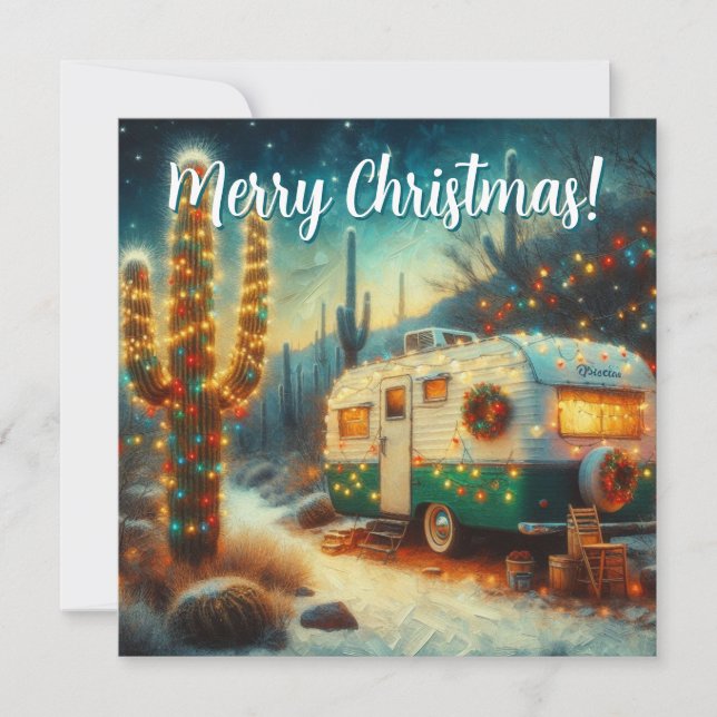 Vintage Camper Saguaro Cactus Christmas Card (Front)