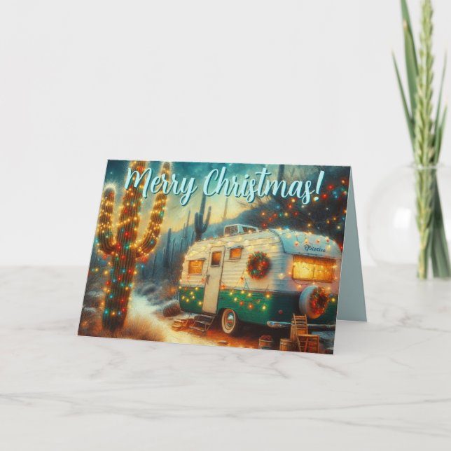 Vintage Camper & Saguaro Desert Holiday Adventure Card (Front)