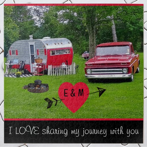 Vintage Camper Trailer and Truck Valentines Day Jigsaw Puzzle