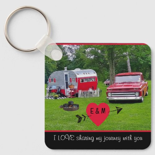 Vintage Camper Trailer and Truck Valentines Day Keychain