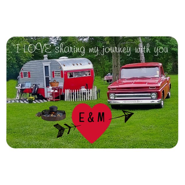 Vintage Camper Trailer and Truck Valentine's Day Magnet (Horizontal)