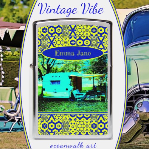 Vintage Camper Trailer Fun Mod Vibe Blue Yellow Zippo Lighter