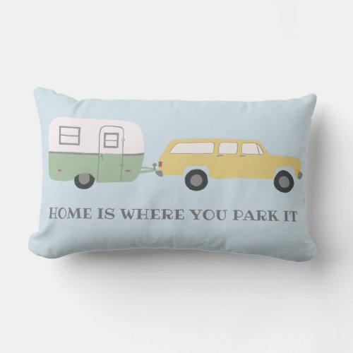 Vintage Camper Trailer RV Motorhome Vanlife Blue Lumbar Pillow