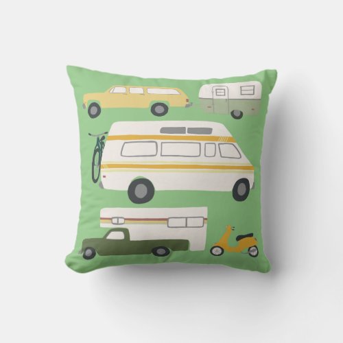 Vintage Camper Trailer RV Motorhome Vanlife Green Throw Pillow