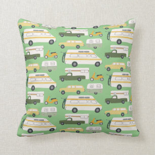 Vintage Camper Trailer RV Motorhome Vanlife Green Throw Pillow
