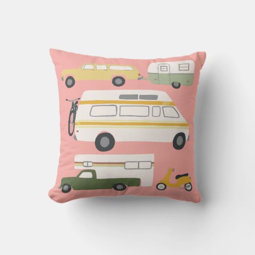 Vintage Camper Trailer RV Motorhome Vanlife Pink Throw Pillow