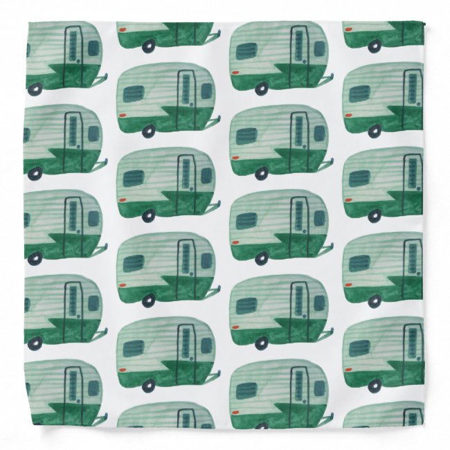 Vintage Camper Trailers Watercolor green on white Bandana