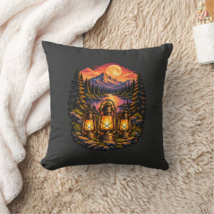 Vintage Camping Lanterns Mountain Sunset Wildernes Throw Pillow