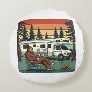 Vintage Camping Motorhome RV Bigfoot Adventure Round Pillow