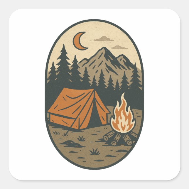 Vintage Camping Night Scene Campfire Mountains Square Sticker (Front)