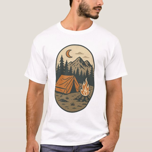 Vintage Camping Night Scene Campfire Mountains T-Shirt (Front)