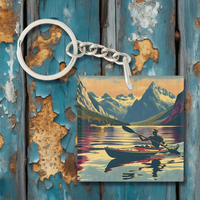 Vintage Camping Scene Man Kayaking Keychain (Creator Uploaded)
