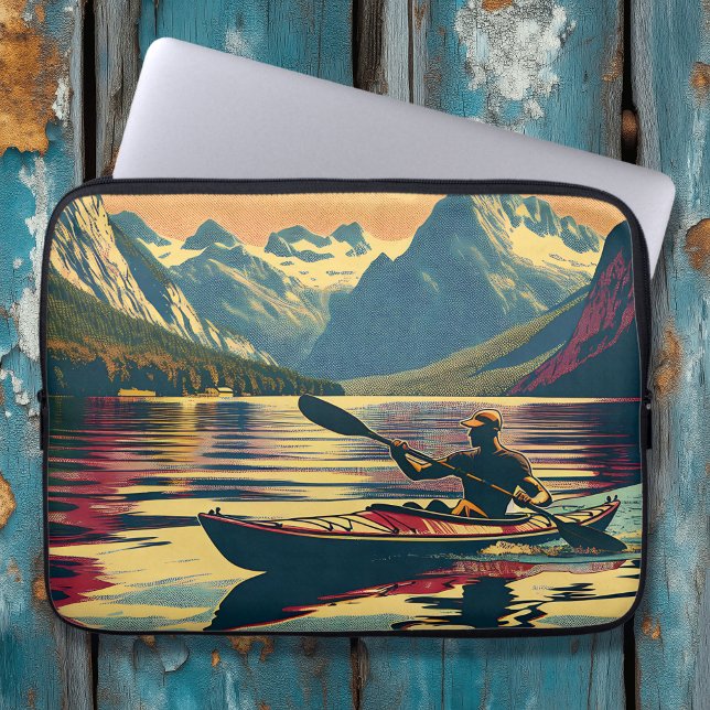 Vintage Camping Scene Man Kayaking Laptop Sleeve (Creator Uploaded)