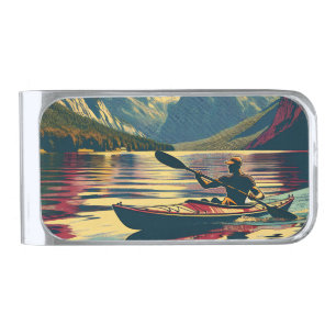 Vintage Camping Scene Man Kayaking Silver Finish Money Clip