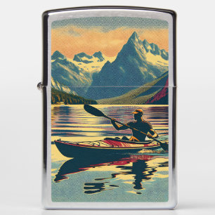Vintage Camping Scene Man Kayaking Zippo Lighter