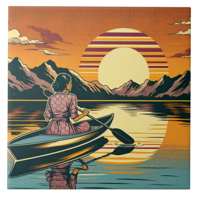 Vintage Camping Scene Woman Kayaking Ceramic Tile (Front)