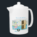 Vintage Camping Trailer Teapot<br><div class="desc">I painted this old Shasta trailer just for you,  if you're someone in love with these campers. Pink flamingo in tow,  the trailer is ready to go wherever your heart leads you.</div>