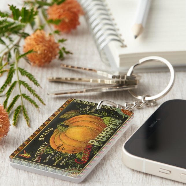 Vintage Can Label Art, Butterfly Pumpkin Vegetable Keychain (Front Right)