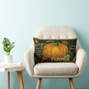 Vintage Can Label Art, Butterfly Pumpkin Vegetable Lumbar Pillow