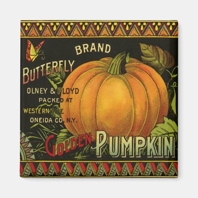 Vintage Can Label Art, Butterfly Pumpkin Vegetable Magnet (Front)