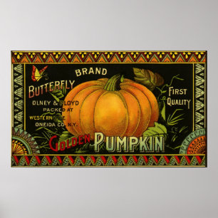 Vintage Can Label Art, Butterfly Pumpkin Vegetable Poster