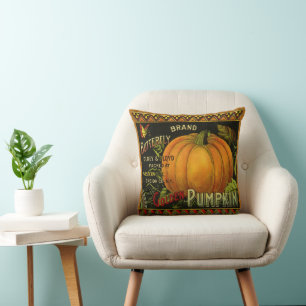 Vintage Can Label Art, Butterfly Pumpkin Vegetable Throw Pillow
