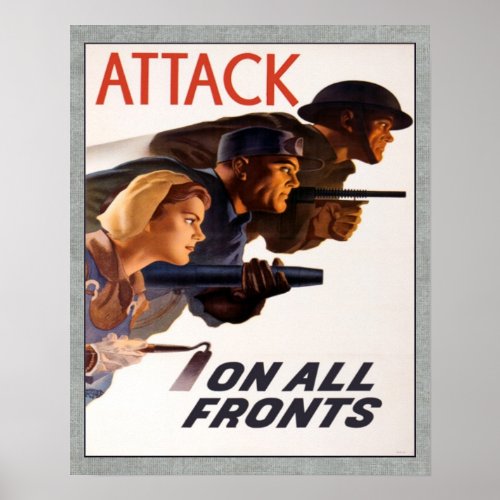 Vintage Canadian WW2 Attack On All Fronts Poster