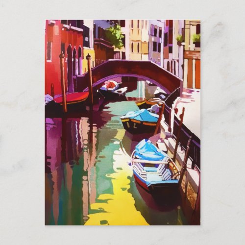 Vintage Canal Bridge Venice Travel Watercolor Holiday Postcard