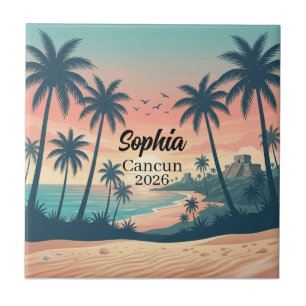 Vintage Cancun 2026 Tropical Beach Sunset Ceramic Tile