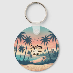 Vintage Cancun 2026 Tropical Beach Sunset Keychain