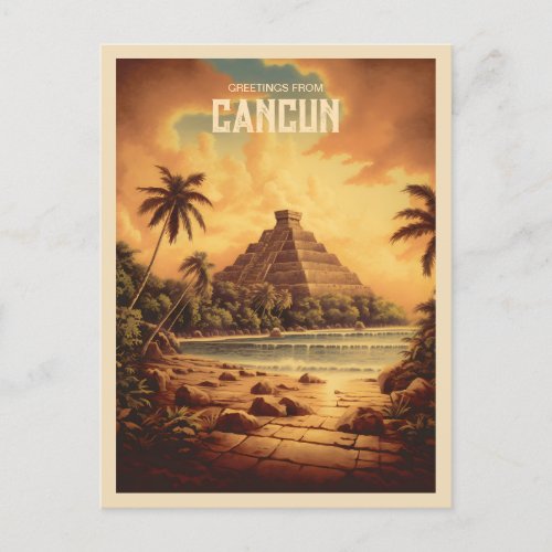 Vintage Cancun Mexico Mayan Ruins Beach Travel Postcard