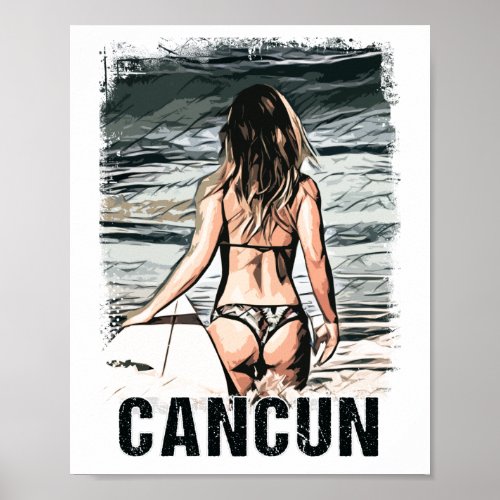 Vintage Cancun Mexico Surfer Girl On The Beach Poster