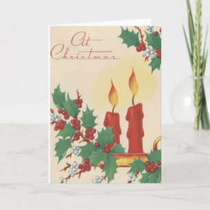 Vintage Candle And Holly Christmas Card