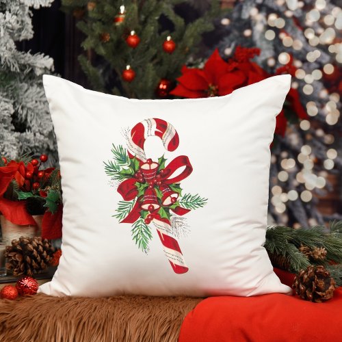 Vintage Candy Cane with Bells and Bow Christmas Throw Pillow