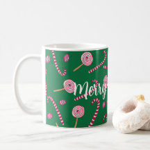 Vintage candy canes on green background pattern