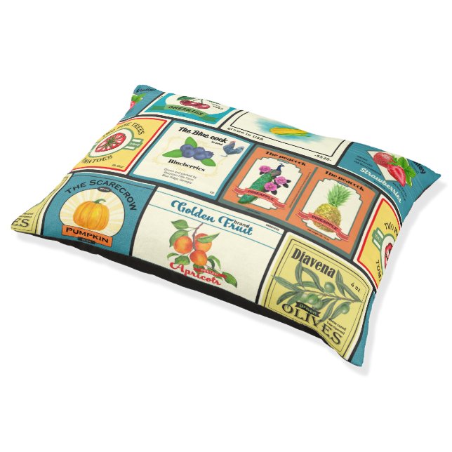 Vintage canned goods-Fruit labels Pet Bed (Angled)