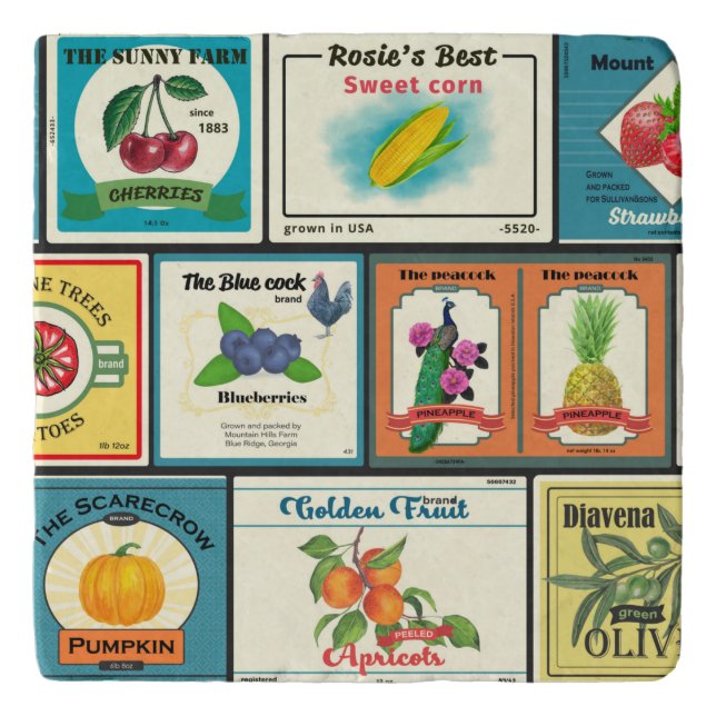 Vintage canned goods-Fruit labels Trivet (Front)