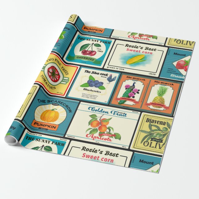 Vintage canned goods-Fruit labels Wrapping Paper (Unrolled)