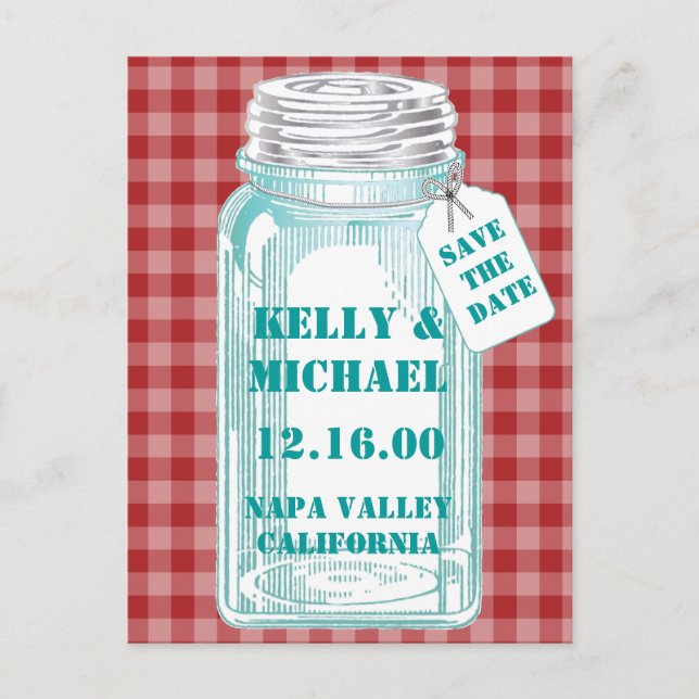 Vintage Canning Jar Red Gingham Design Announcement Postcard (Front)