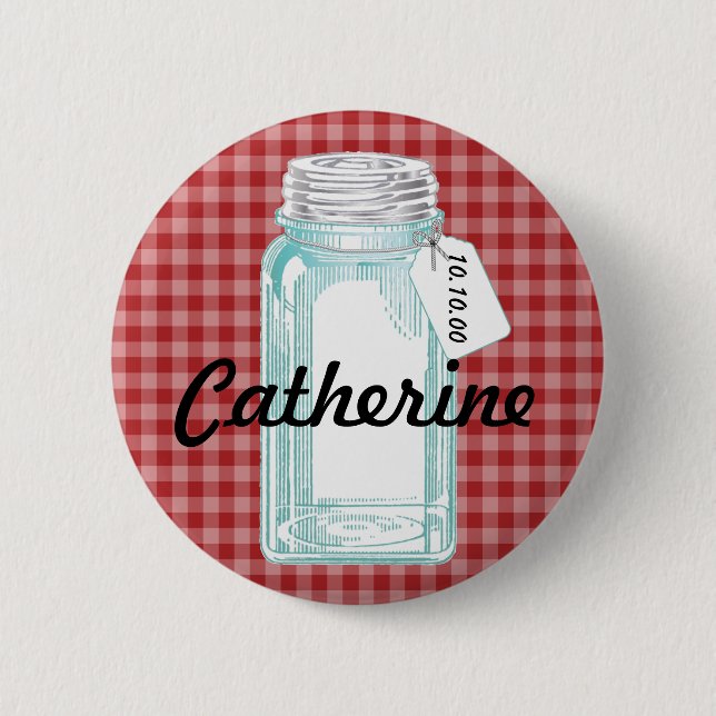 Vintage Canning Jar Red Gingham Design Pinback Button (Front)