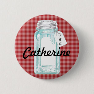 Vintage Canning Jar Red Gingham Design Pinback Button