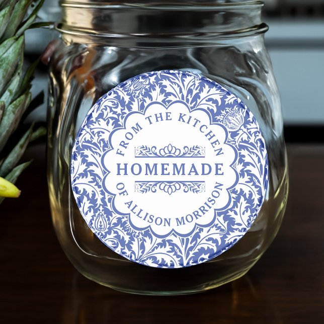 Vintage Canning Labels William Morris Blue White (Size shown approximates the 3 inch size.)