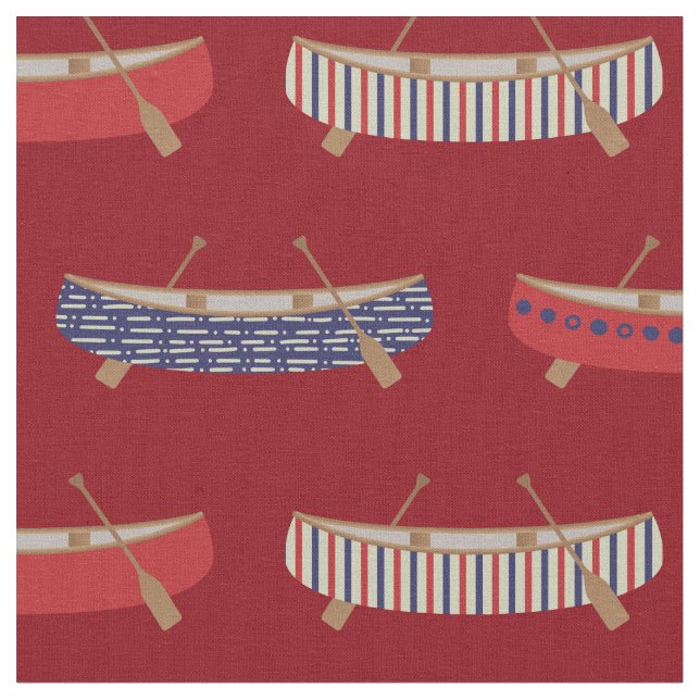 Vintage Canoes Lake House Americana Print Red Fabric (Close Up)