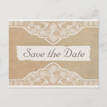 Vintage Canvas  Paper & Lace Look Save The Date Announcement Postcard by Truly_Uniquely at Zazzle