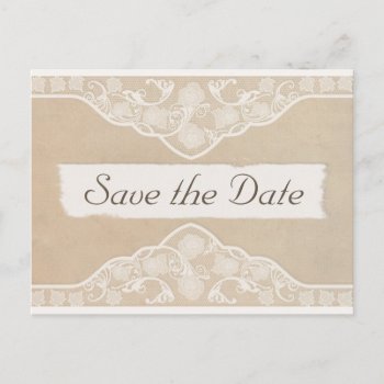 Vintage Canvas  Paper & Lace Style Save The Date Announcement Postcard by Truly_Uniquely at Zazzle